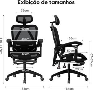 Cadeira de escritório ergonômica reclinável até 145° com apoio para os pés, almofada de ar, cabide e apoio de cabeça ajustável – Gamer e home office (Preto) - Imagem 2