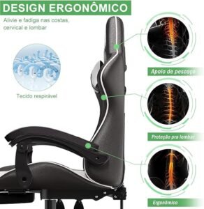 Cadeira Ergonomica Gamer Com Apoio Para Os Pés Branco - Imagem 3