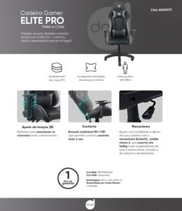 Cadeira Gamer Elite Pro Dazz – Couro PU/Courino, Pistão Classe 4, Suporta até 140 kg, Braços 1D, Reclinável 130°, Almofadas Lombar e Pescoço, Base Nylon 50 mm - Imagem 5