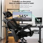 Cadeira de escritório ergonômica reclinável até 145° com apoio para os pés, almofada de ar, cabide e apoio de cabeça ajustável – Gamer e home office (Preto) - Imagem 5