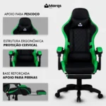 Cadeira Gamer Ergonômica Dunamis Verde Marqs Home Reclinável Apoio De Pernas Almofada Pescoço Lombar Base Giratória