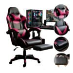 Cadeira de escritório Gamer ergonômica Reclinável Com Apoio dos Pés Rosa Led Tools com estofado de couro sintético - Imagem 2
